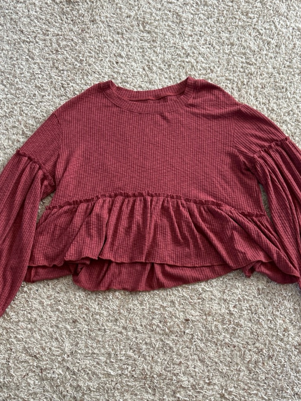 Ruffled Waffle-Knit Long Sleeve Top - Burgundy